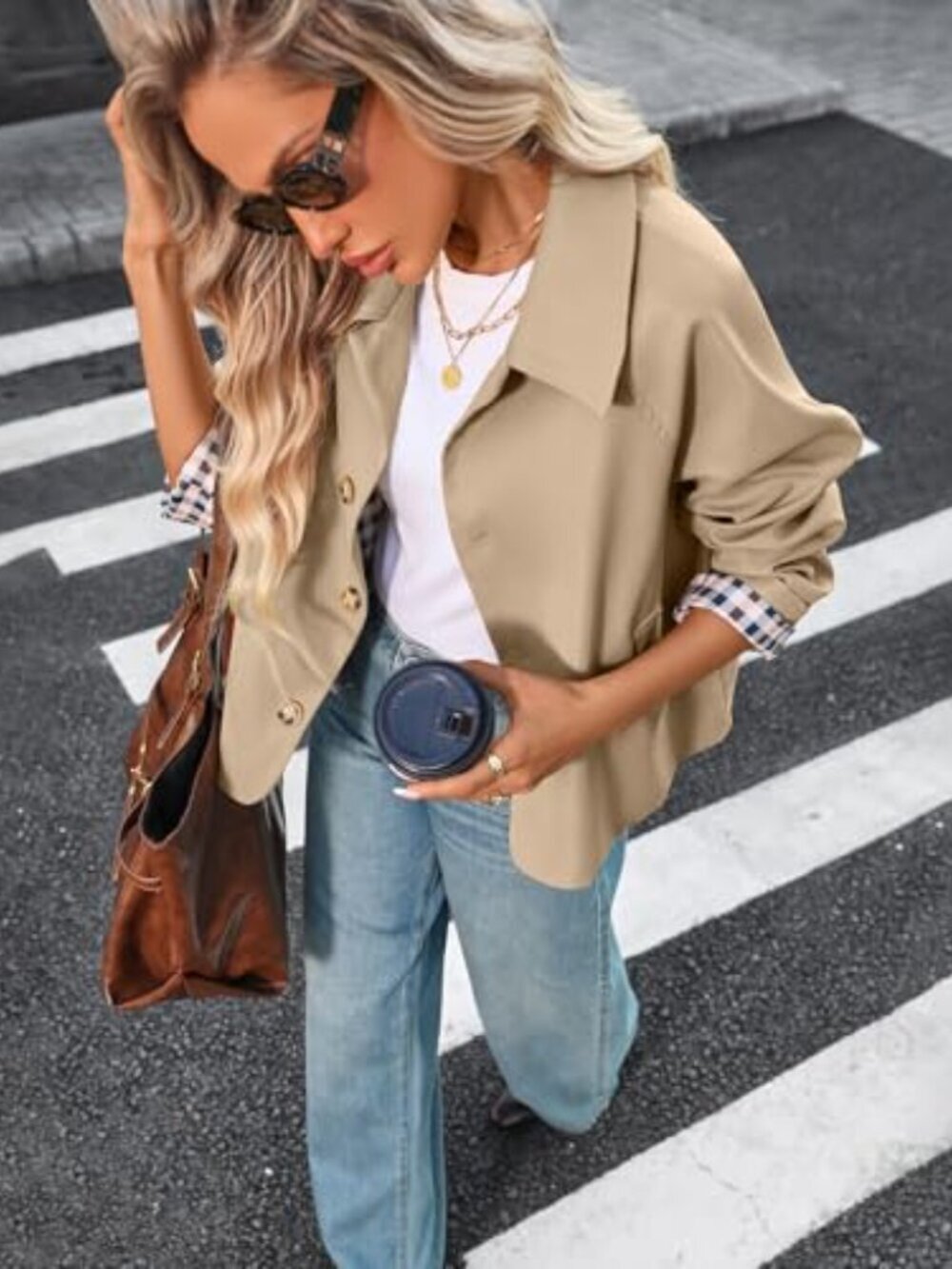 ๐ Women Crop Trench Coat Single Breasted Check Lining Lightweight Barn Jackets - Picture 5 of 6